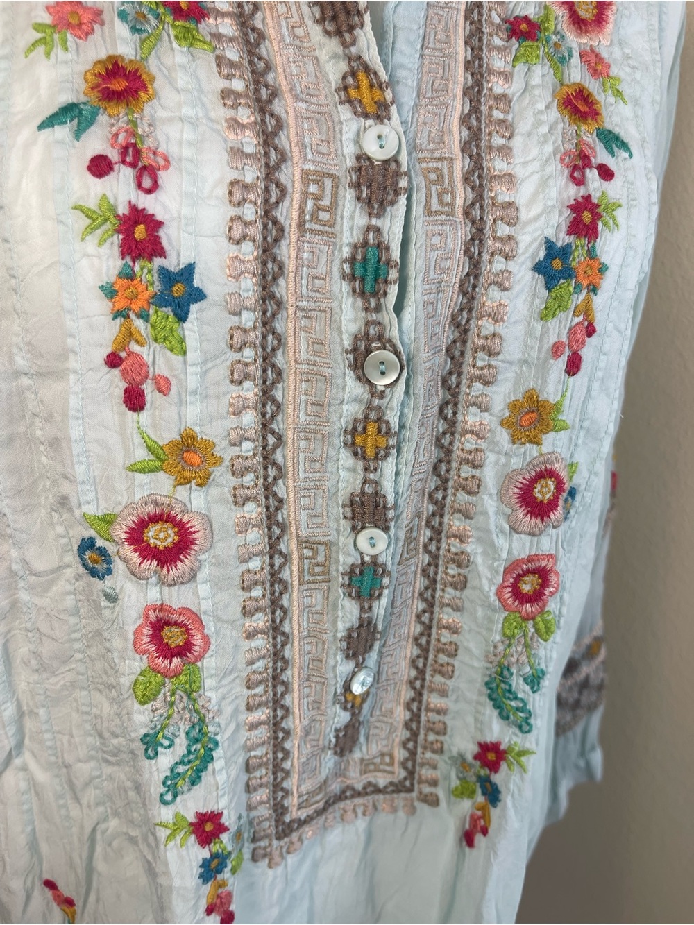 Johnny Was Floral Embroidered Boho Tunic Top M Semi Sheer Mint Cupra Rayon Luxe - Picture 7 of 16